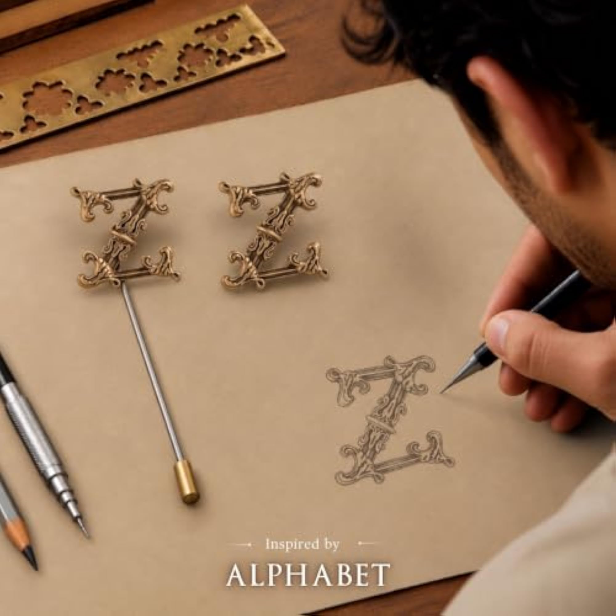 Antique Brass Alphabet Cufflink & Lapel Pin Combo